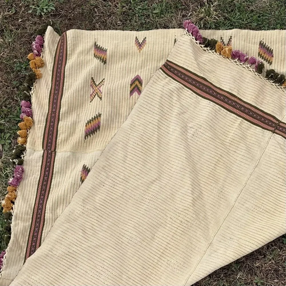 Vtg MCM Huge Zapotec Oaxaca Hand Woven Wool Geometric Blanket w/ Fringe 60x60